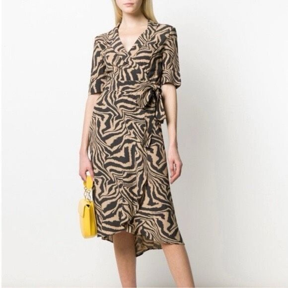 GANNI womens Tiger print wrap dress brown black size 38 USA size 6 - Picture 1 of 6